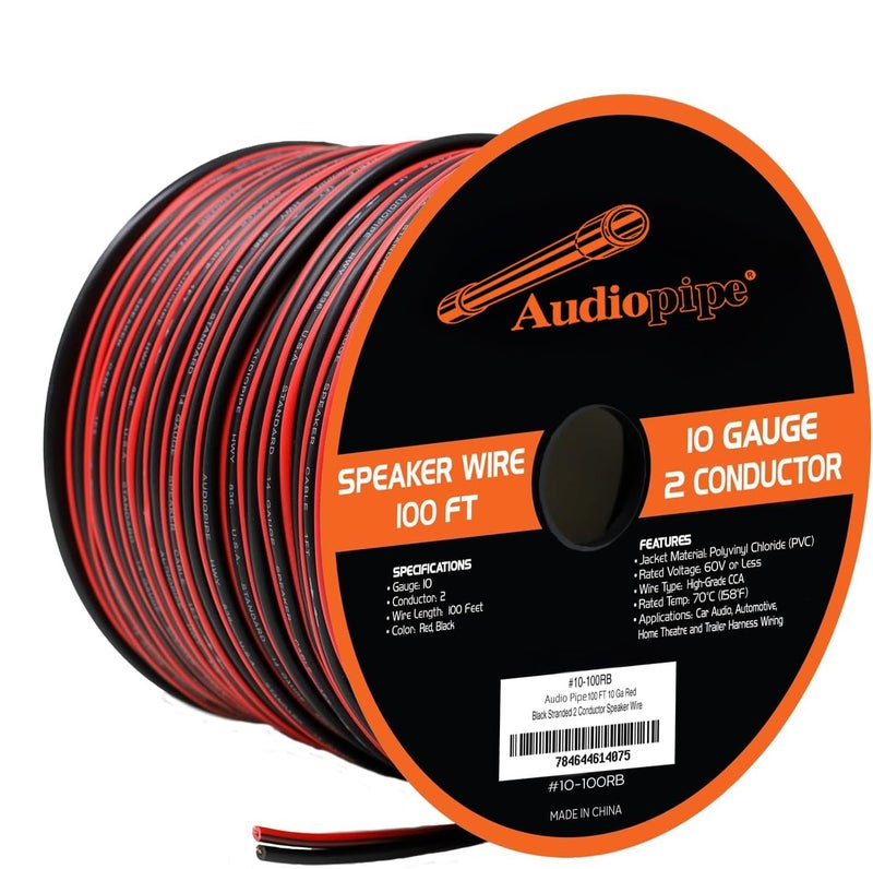 Audiopipe 100 ft 10 Gauge CCA Red Black Stranded 2 Conductor Speaker Wire Car Home Audio - Image 1
